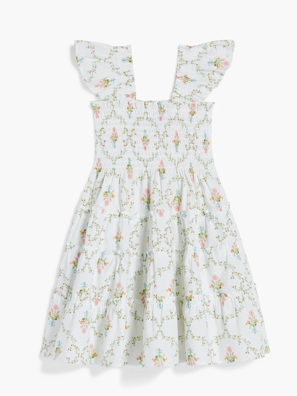Girls White Floral Smocked Sundress with Ruffled Straps